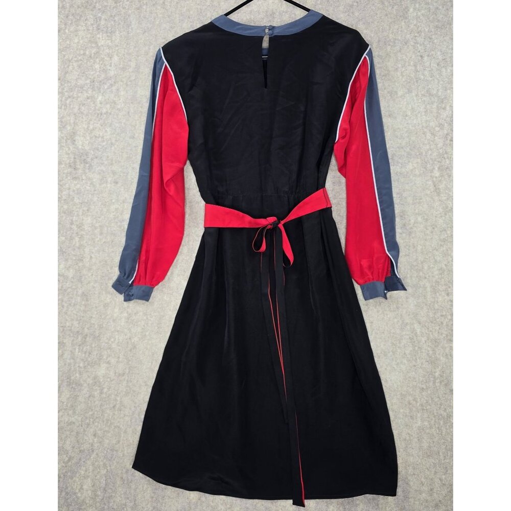 Cassis Vintage Colorblock Black Red & Blue Silk Midi Dress Size M Long Sleeve - Picture 2 of 9